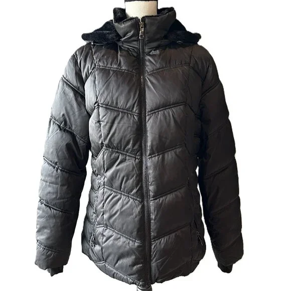 Women's Nautica Faux Fur Trim Hooded Mid-Length Black Puffer Jacket Size XL - Picture 1 of 14